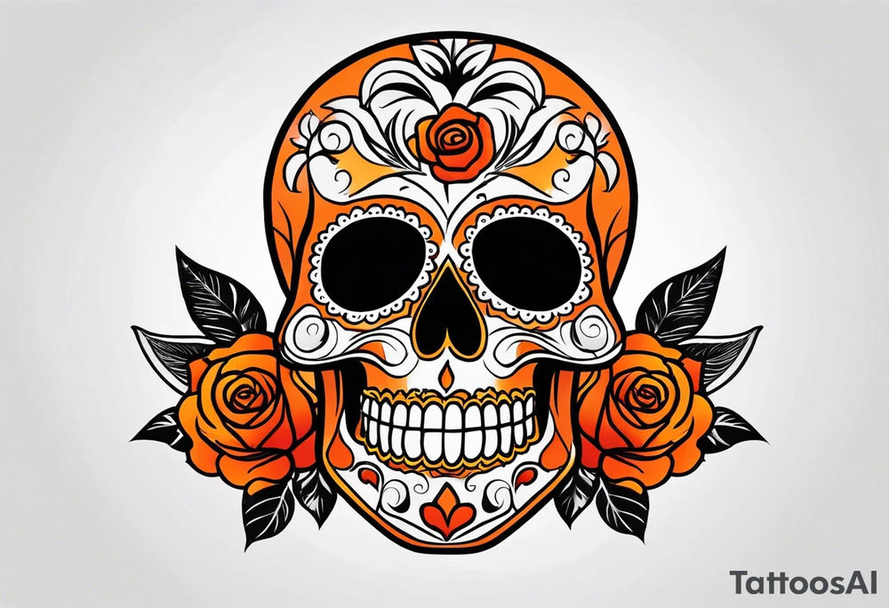 Orange Sugar skull with roses that are orange and red with smoke around it tattoo idea