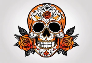 Orange Sugar skull with roses that are orange and red with smoke around it tattoo idea