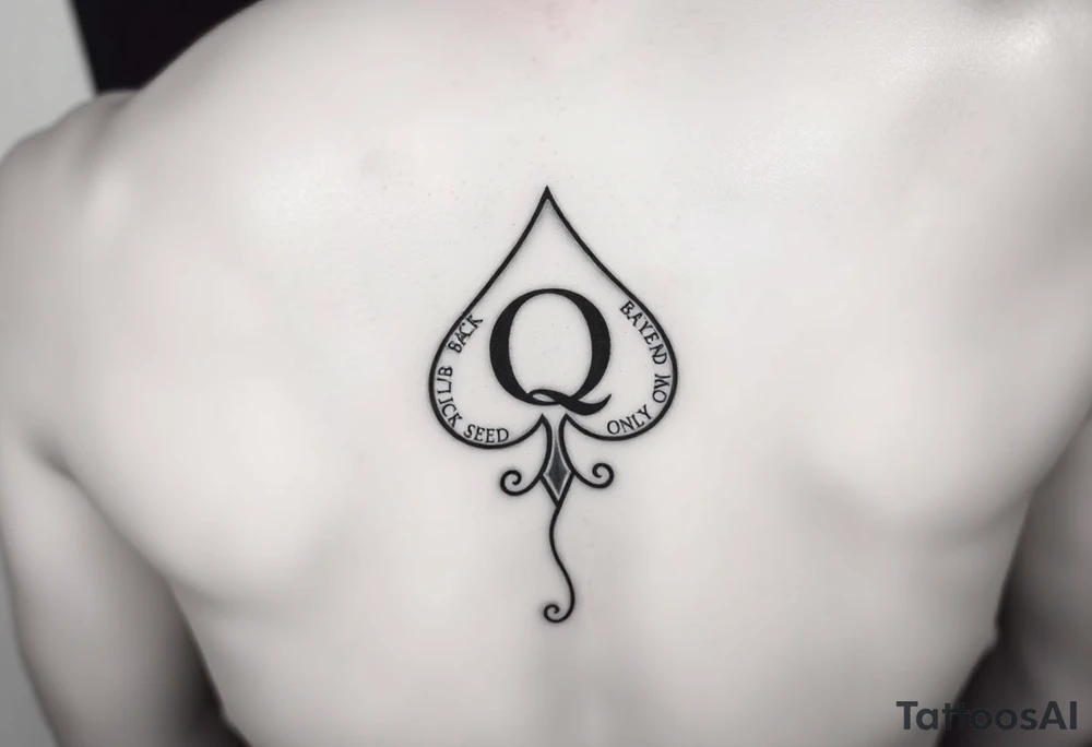 A spade womb tattoo with a Q in the center, with three points around the outside. The first reading, "BLACK". The second reading, "SEED". The third reading, "ONLY". A winding tail at the bottom of the spade. tattoo idea