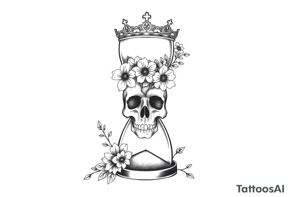 Hourglass with detailed beautiful gothic boho flowers on vine and skull with gorgeous crown tattoo idea