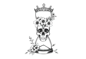 Hourglass with detailed beautiful gothic boho flowers on vine and skull with gorgeous crown tattoo idea