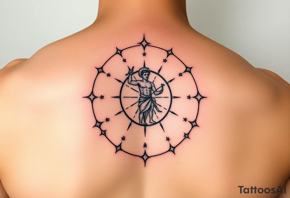 For the tattoo, you could have Apollo at the center of the constellation or circle of stars, holding his lyre (which represents harmony and creativity) or a bow (symbolizing precision and aiming toward your goals). His radiance could emanate outward, subtly merging with the stars or constellation, representing how your potential—though it might still be unfolding—is being guided and illuminated by his influence.

You could also place the one "unreached" star just slightly outside of the central circle, with Apollo’s light reaching toward it, signifying that while you may not have fully realized your potential yet, it's something that Apollo's guidance can help bring into focus. On the arm and part of a sleeve tattoo idea