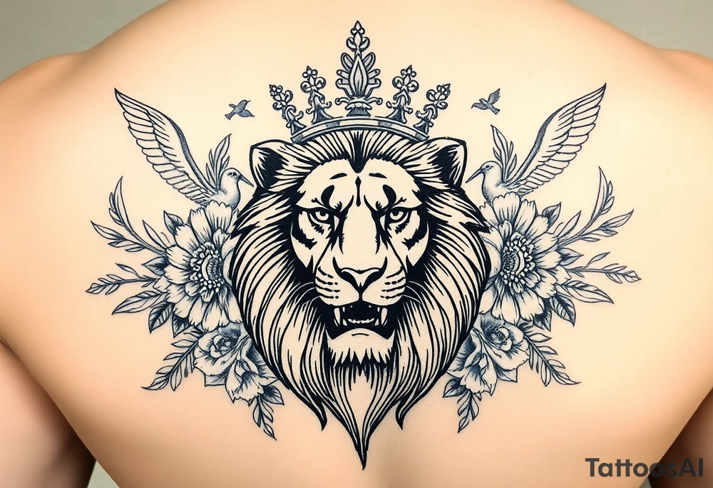 powerful majestic lion with a crown, surrounded by floral ornaments and birds tattoo idea