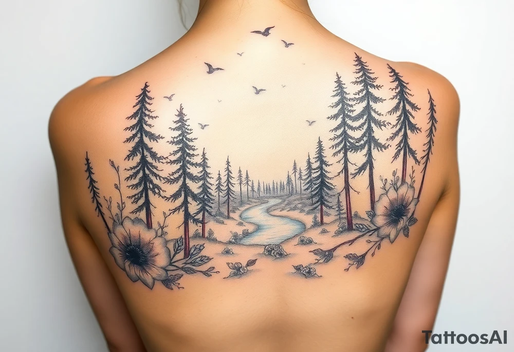Scenic Northern woods with wild flowers and a river tattoo idea