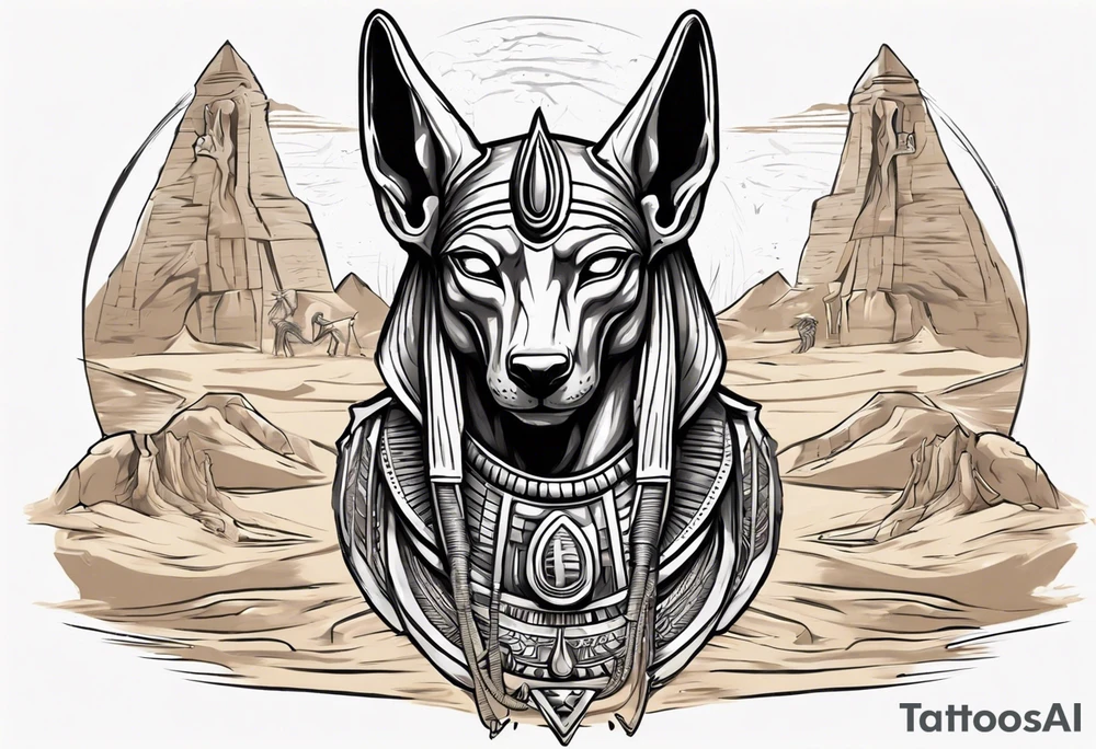 Egyptian god Anubis' head in desert with a cobra tattoo idea