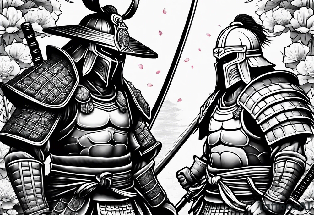 Samurai warrior and spartan warrior facing off, include lotus flowers in the background, both warriors should appear aggressive looking ready for battle,  turn this into a forearm sleeve tattoo idea