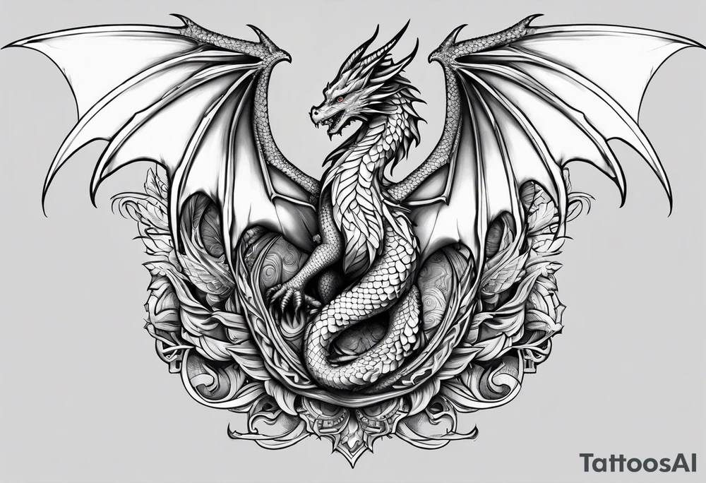 Mother dragon wings spread standing over her three young dragon babies tattoo idea