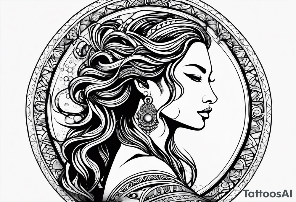 Aquarius goddess with water surrounding it in a tribal design tattoo idea
