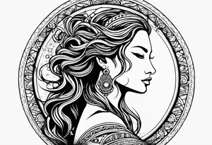 Aquarius goddess with water surrounding it in a tribal design tattoo idea
