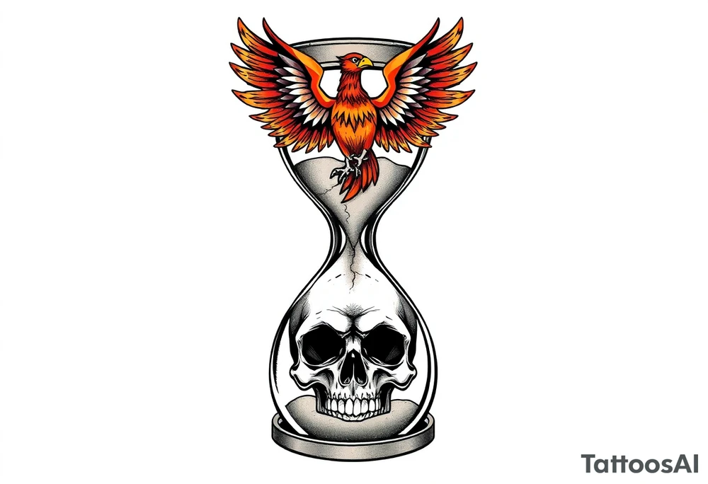A cracked hourglass with the sands forming a skull below and a phoenix rising from the top. tattoo idea