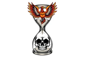 A cracked hourglass with the sands forming a skull below and a phoenix rising from the top. tattoo idea