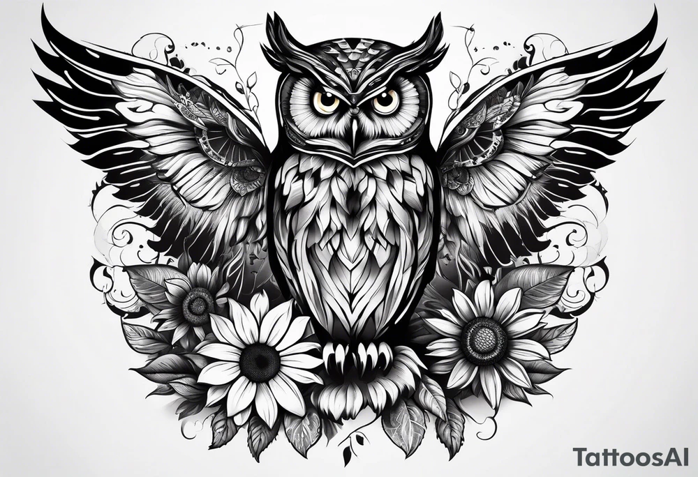 Owl with butterfly and sunflower tattoo idea