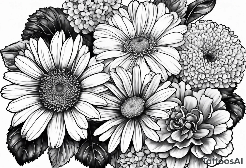 Gerber daisies, marigolds, hydrangeas, begonia tattoo idea Gerber daisies, marigolds, hydrangeas, begonia tattoo idea