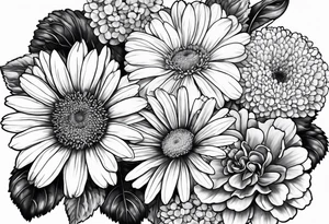 Gerber daisies, marigolds, hydrangeas, begonia tattoo idea