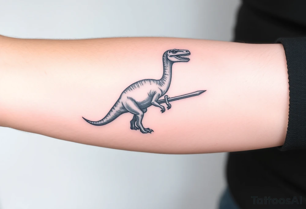 Tattoo on forearm with Brachiosaurus dinosaur on handle bar of a fingolfin sword. tattoo idea