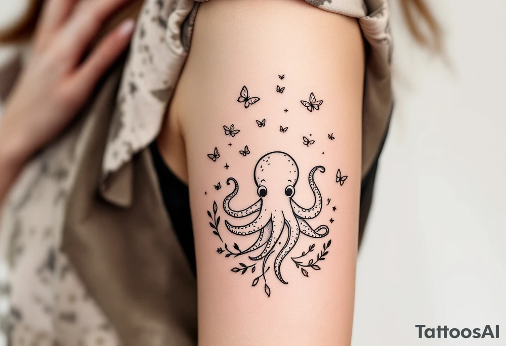 cute octopus, friendly, surrounded by butterflies and oceanic items, brown ink tattoo idea