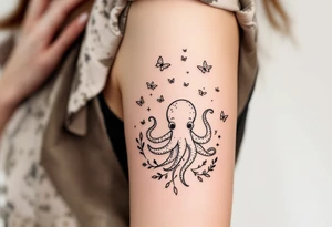 cute octopus, friendly, surrounded by butterflies and oceanic items, brown ink tattoo idea