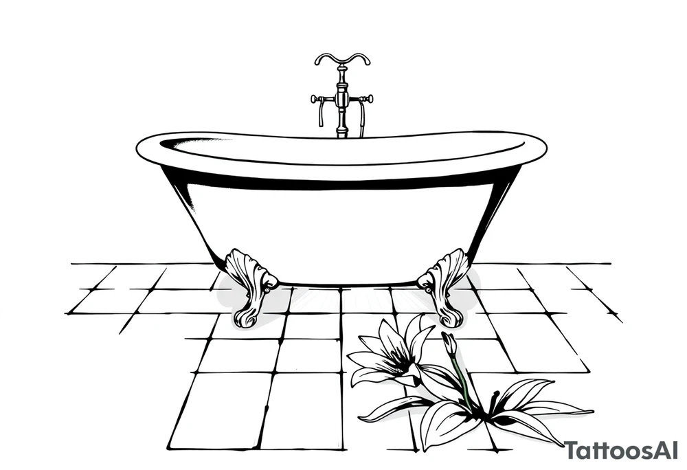 Clawfoot bathtub on tile floor with lily coming up from floor tattoo idea