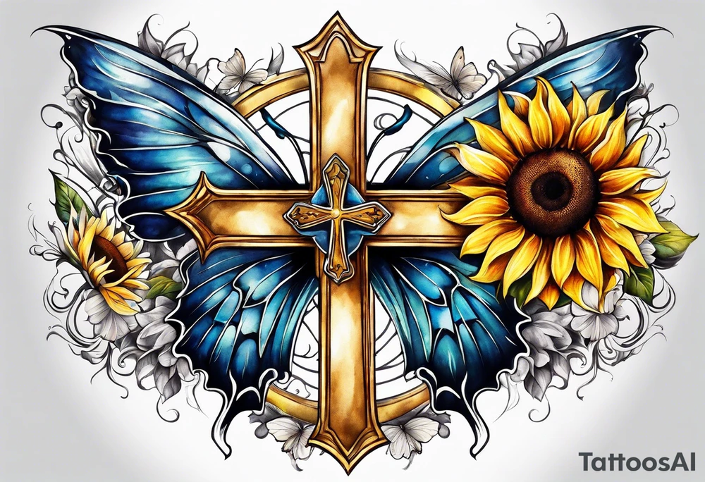 Winged cross with sunflower and butterflies tattoo idea