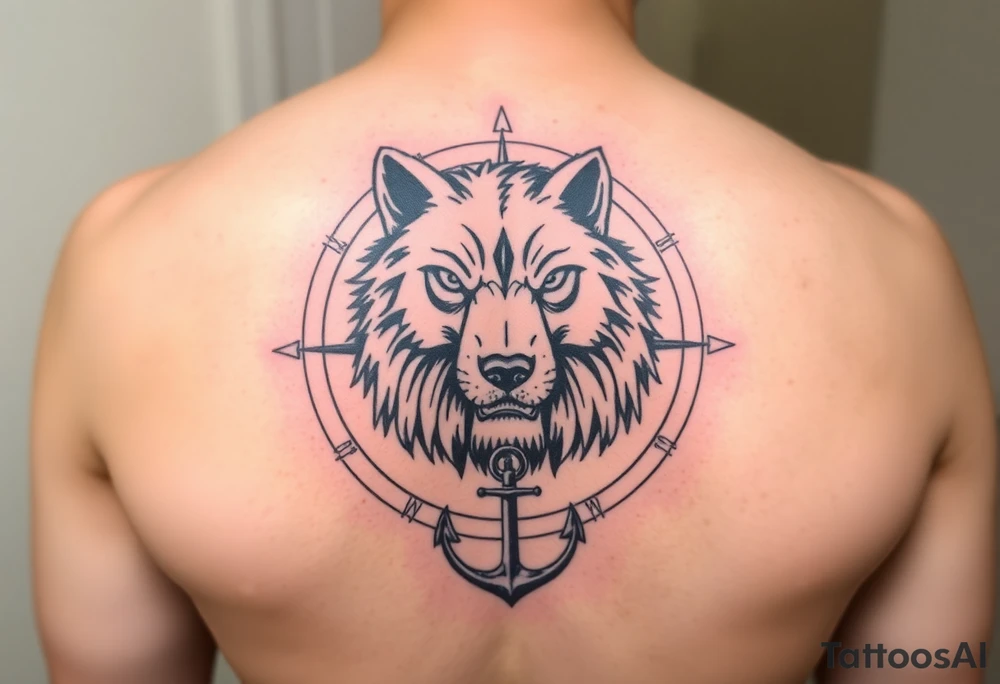 half wolf half bear that resembles a lion surrounded by a compass with a small anchor on bottom. for sleeve tattoo idea