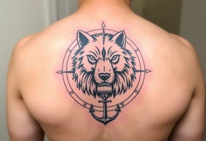 half wolf half bear that resembles a lion surrounded by a compass with a small anchor on bottom. for sleeve tattoo idea