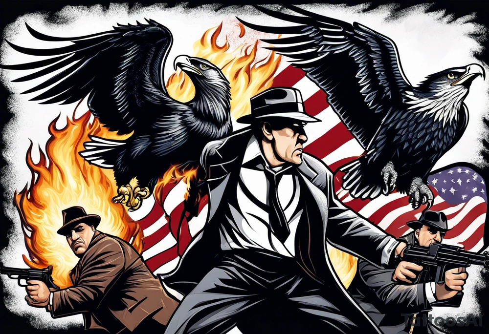 capone style gangsters battling with machine guns against a dark flame background with an angry eagle swooping in with american flag and sexy women tattoo idea