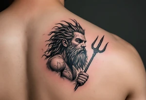 young poseidon, with trident, looking at the horizon tattoo idea