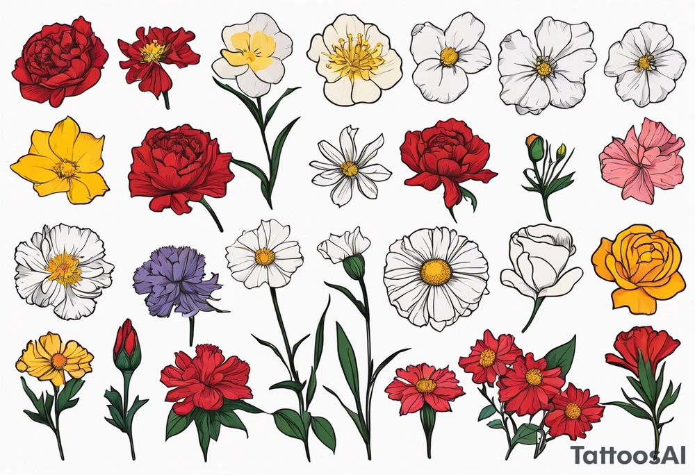 Bundle of flowers with Two carnations, Two daffodils, One snowdrop, One hawthorn flower, Two honeysuckle blooms, One rose, One chrysanthemum, one cosmos, one marigold, one morning glory, one aster tattoo idea
