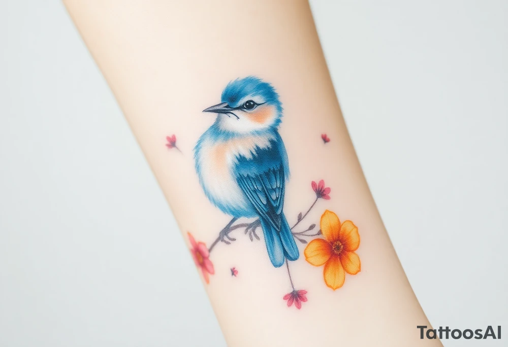 Puffy bluebird surrounded by wild flowers tattoo idea