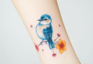 Puffy bluebird surrounded by wild flowers tattoo idea