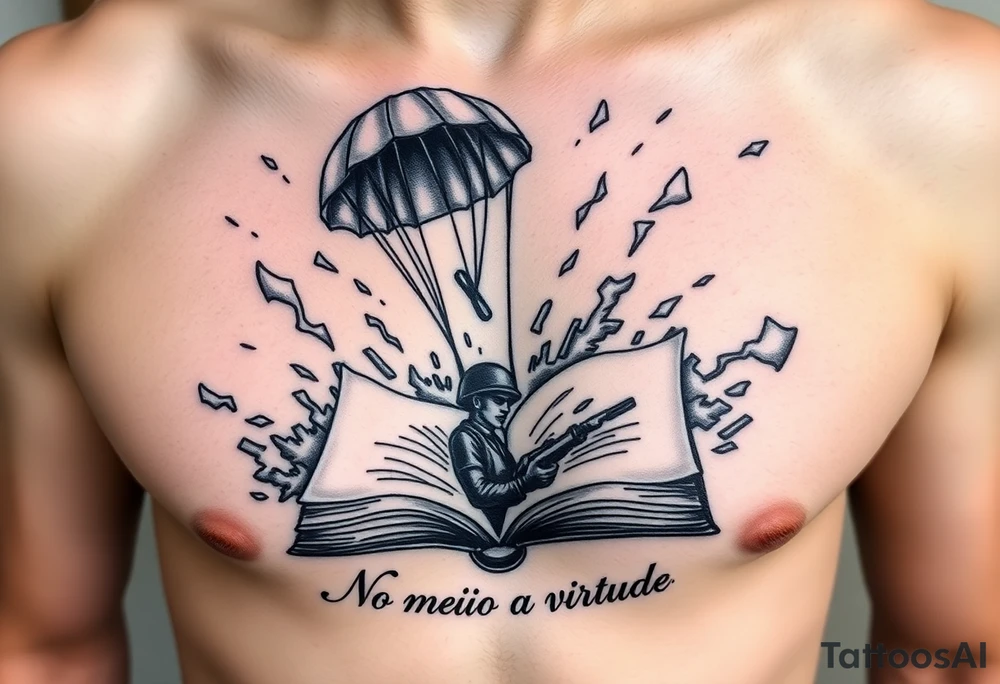 A parachuting soldier landing into an open book. Chaos surrounding, but the book is protecting the soldier from it. On the chest. Make it smaller. Thought provoking. 1936-2020  and "No meio esta a virtude" underneath the book tattoo idea