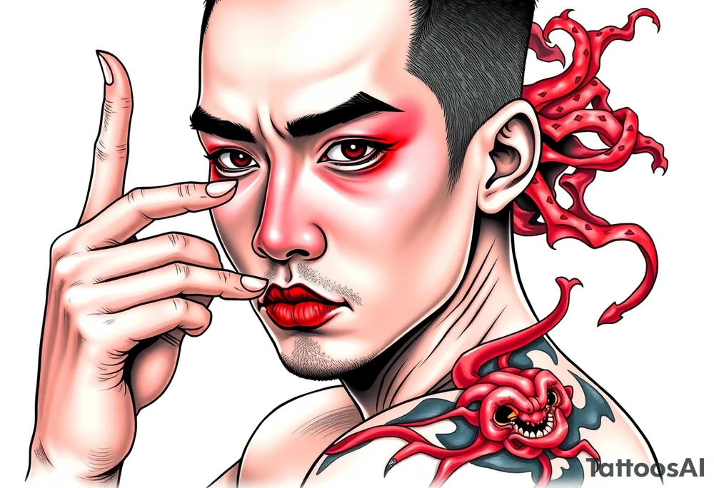 Handsome Asian young guy is putting fighting  make up on protecting from evil tattoo idea