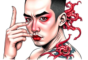 Handsome Asian young guy is putting fighting  make up on protecting from evil tattoo idea