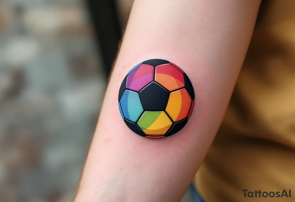 A rainbow-colored soccer ball representing inclusivity and pride in the sport. tattoo idea