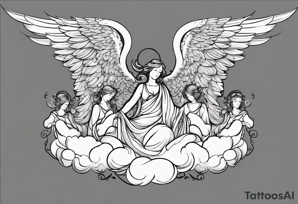 one big angel with 3 angels flying in the back with shading and clouds tattoo idea