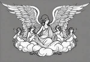one big angel with 3 angels flying in the back with shading and clouds tattoo idea