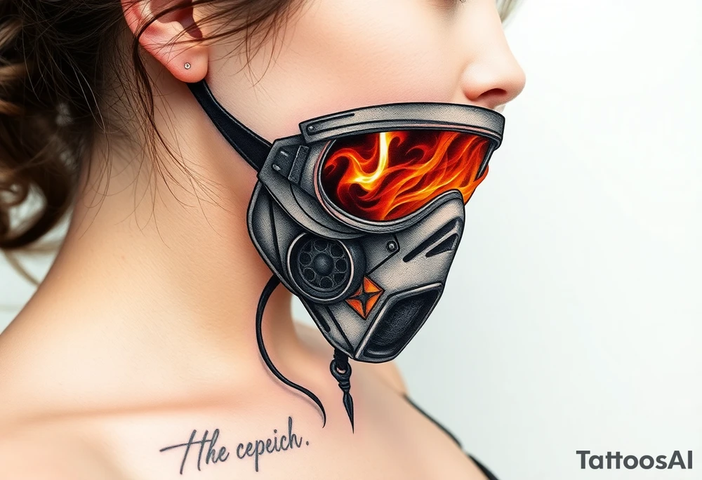 A detailed breathing mask with fire reflecting in the visor tattoo idea