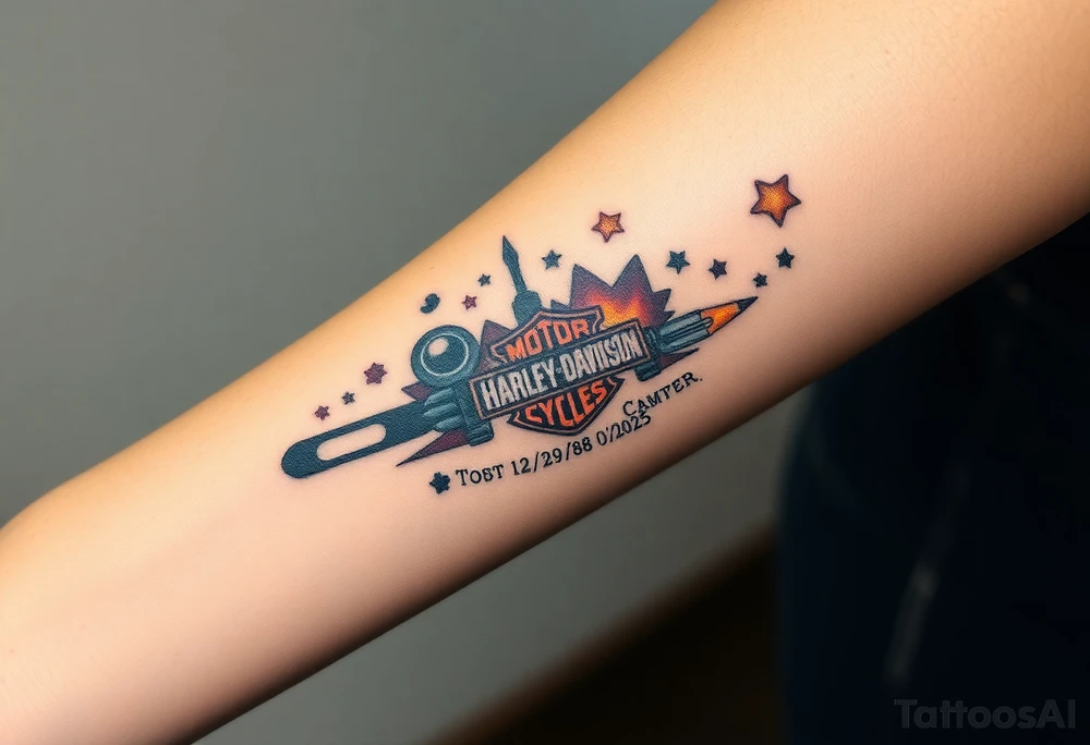futuristic, spacey, memory tattoo: star wars, space, Harley Davidson, skateboarding, camping, puzzle pieces, video games, heaven, god, outdoors, bullets, words MEMENTO MORI & DARTH CARTER 12/29/88-01/06/2025 tattoo idea