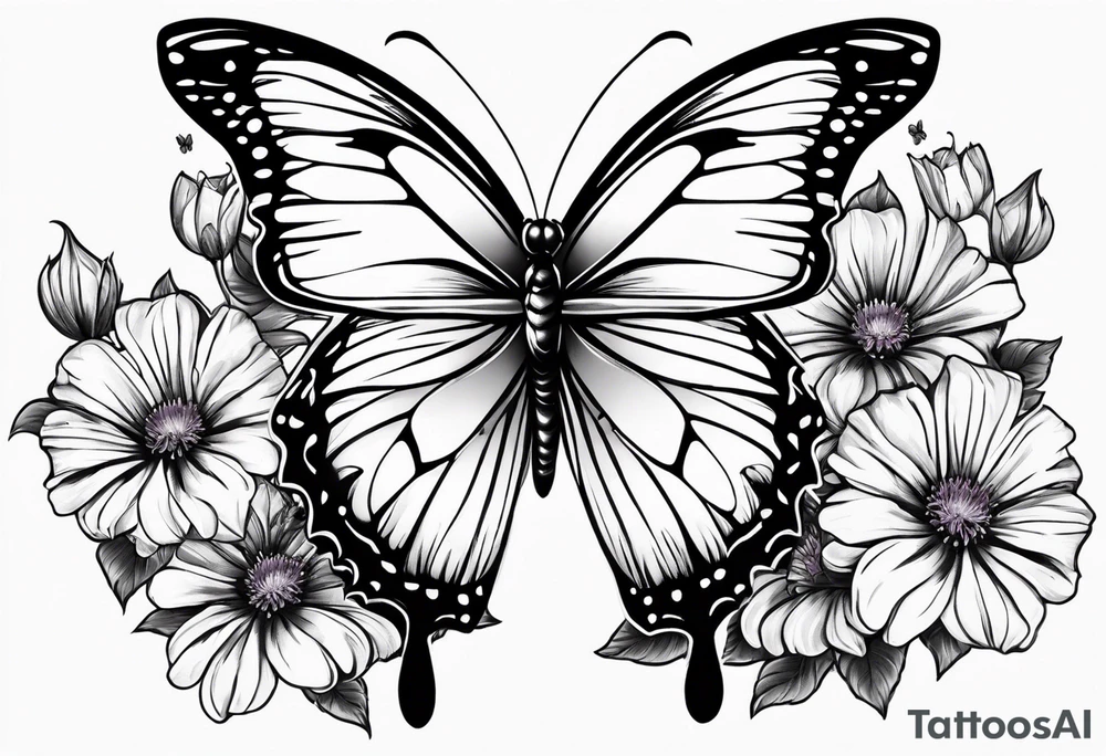 Butterfly with aster and morning glory flowers on 2 wings tattoo idea