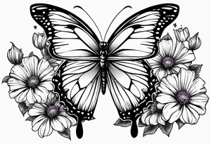 Butterfly with aster and morning glory flowers on 2 wings tattoo idea