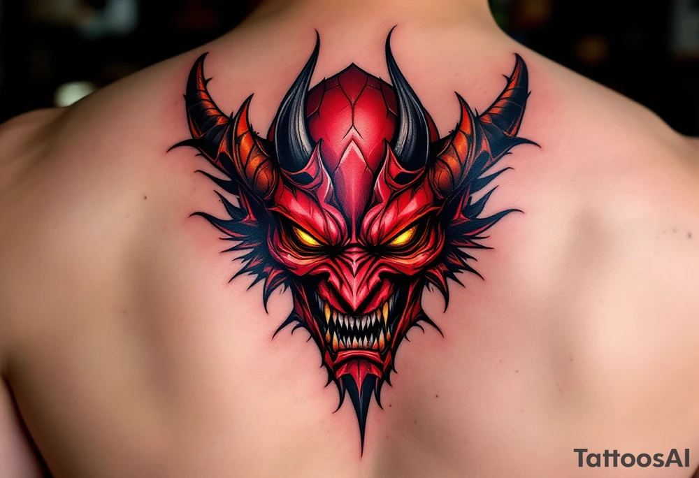 A fierce Hannya mask in deep red and black, with glowing yellow eyes and sharp horns. tattoo idea