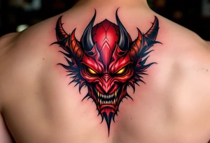 A fierce Hannya mask in deep red and black, with glowing yellow eyes and sharp horns. tattoo idea