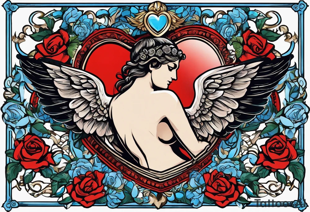 Cupio fly boy wings and a bow,, bacground sea ancient rome gods , blue roses frames, red heart bow tattoo idea