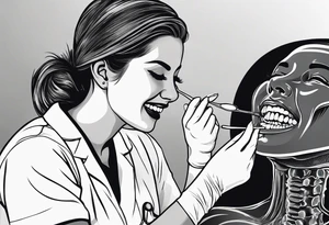 a view of a female, attractive dentist working on a set of teeth, seen from inside the mouth tattoo idea