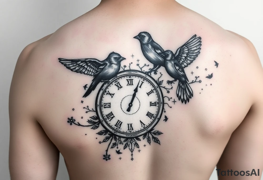 One color and rest black and white incorporating 

 and tiny little black birds and a clock tattoo idea