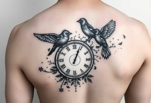 One color and rest black and white incorporating 

 and tiny little black birds and a clock tattoo idea