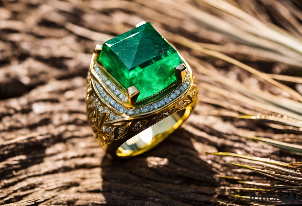 A Gachala emerald sits at the base of a tall quindio wax palm, which grows resiliently from cracks in rugged, rocky soil. The emerald is the main focal point, symbolizing strength and endurance, while the wax palm, rooted in the soil’s crevices, represents growth and resilience. A small water stream flows gently from the rocks, adding an element of life and nourishment. tattoo idea