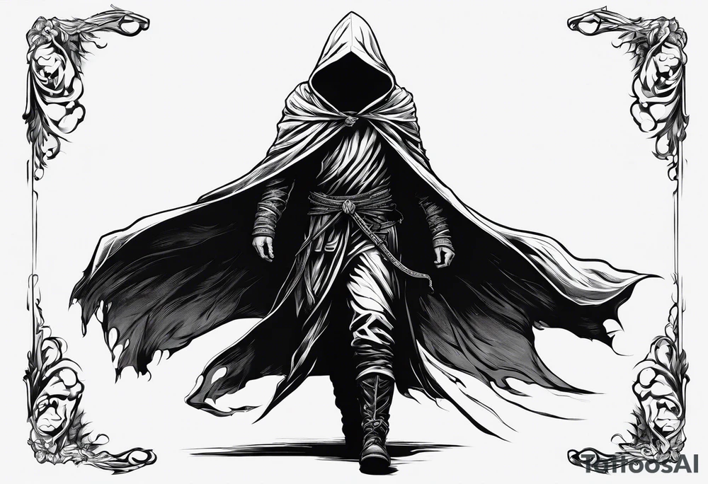 Hooded figure with no face carrying staff and wearing a long tattered cloak tattoo idea