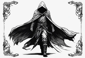 Hooded figure with no face carrying staff and wearing a long tattered cloak tattoo idea