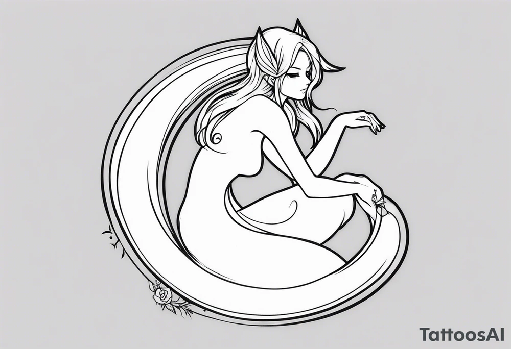 A fairy with a tail inspired by the logo of the show called Fairy Tail in a fetal position leaning in tattoo idea